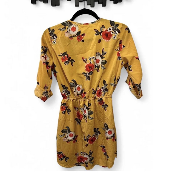 Stella tweed Mustard Floral Bohemian Empire Waist summer Dress 3/4 sleeve cuffed - Picture 8 of 8